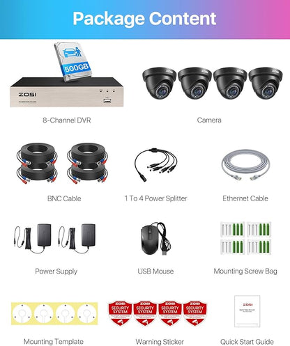 ZOSI 1080P Home Security Camera System with 500GB Hard Drive, Human Vehicle Detection, Night Vision, Remote Access, 3K Lite H.265+ 8Channel Wired DVR and 4 x 2MP HD Indoor Outdoor CCTV Dome Cameras