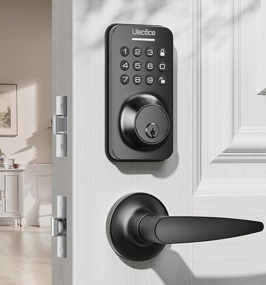 Ulecoce Keyless Entry Keypad Deadbolt with Handle Set, Smart Lock, Auto-Lock + One-Touch Lock, 100 Codes + 15-Min Easy Install, Ideal for Airbnb/Homes/Offices, Fits U.S. Standard Front Doors, Black