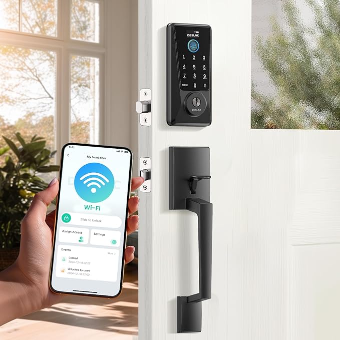DESLOC D110 Plus Built-in Wi-Fi Smart Lock with Handle Set, Fingerprint Keyless Entry Door Lock, App Remote Control, Smart Locks for Front Door, Keypad deadbolt with Visible Display, Auto-Lock, Black