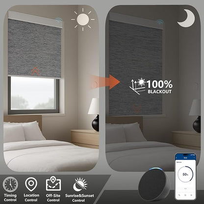 Motorized Blackout Roller Shades with Remote – Smart Blinds for Bedroom, Alexa Google Home Siri, Matter Compatible, Custom Electric Window Shades, Cordless Rechargeable