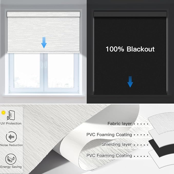 Tokblind Motorized Blackout Roller Shade Fabric Covered Valance and Bottom Rod, Remote Control Electric Window Blind Compatible with Alexa Google via Hub, Custom Size (Texture White - Wrapped Fabric)