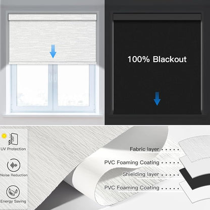 Tokblind Motorized Blackout Roller Shade Fabric Covered Valance and Bottom Rod, Remote Control Electric Window Blind Compatible with Alexa Google via Hub, Custom Size (Texture White - Wrapped Fabric)