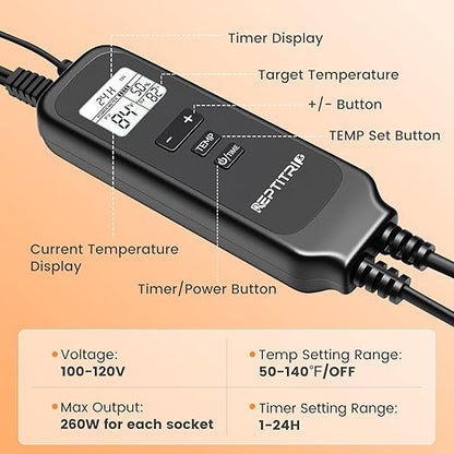 2 in 1 Reptile Dimming Thermostat with 2 Socket for Timer & Heating Control, Thermostat for Reptile Heat Lamp Heat Pad, PID Temperature Controller, Memory Function (Model: PT02T)