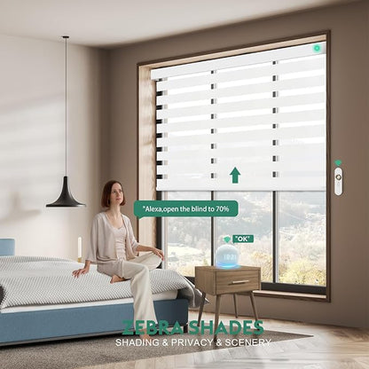 Motorized Zebra Blinds with Remote [Dual Layer + Light Filtering] 60% Blackout Smart Shades for Indoor Windows, Alexa Google and HomeKit Compatible, Customized Size, Woven Ivory