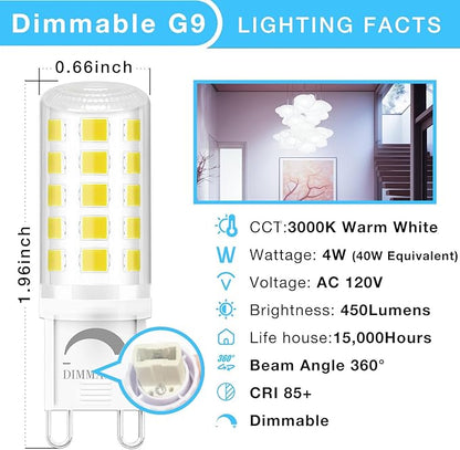 DAYBEETER 12 Pack Dimmable G9 LED Bulb 4W (40 Watt Equivalent), 6000K Daylight White, G9 Halogen Bulb T4 G9 Bi-pin Base Light Bulbs for Chandelier,120V 450LM 360 Beam Angle No-Flicker G9 Bulb