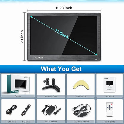 Haiway 11.6 inch Security Monitor, 1366x768 LED Monitor Small HDMI Monitors with Remote Control Built-in Speakers, Mini Monitors HDMI VGA AV BNC USB Input for CCTV Raspberry Pi PC Fire Stick Gaming