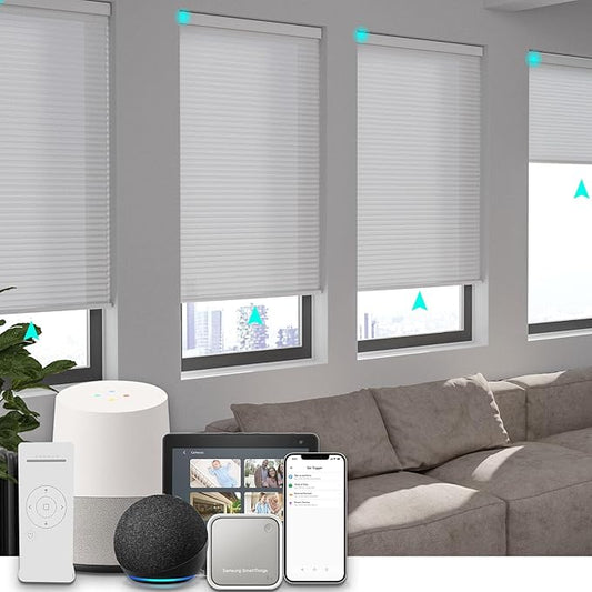 Changshade Motorized Cellular Shades for Windows Smart Blinds with Remote Control, Custom Size Compatible with Alexa, Google Home, Blackout, White