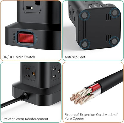 Extension Cord with Multiple Outlets, SMALLRT Surge Protector Tower, PD 20W USB C, Power Strip with USB Ports 12 AC Outlets, 10FT Outlet Extender for Home Dorm, Office Supplies, Overload Protection