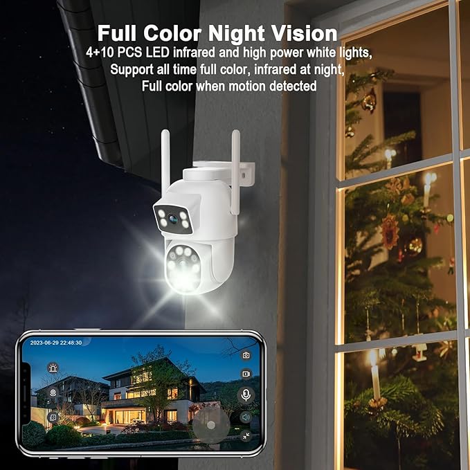 2K Dual Lens Outdoor Security Camera, 360° View Pan/Tilt 2.4G WiFi Wireless Linkage Cameras for Home Security, Home Surveillance Camera with Auto Tracking, Color Night Vision, Two-Way Audio