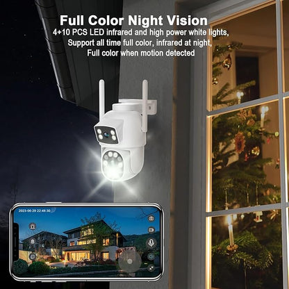2K Dual Lens Outdoor Security Camera, 360° View Pan/Tilt 2.4G WiFi Wireless Linkage Cameras for Home Security, Home Surveillance Camera with Auto Tracking, Color Night Vision, Two-Way Audio