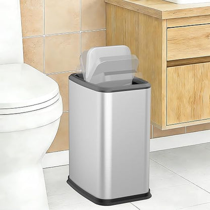 2.1 Gal Slim Bathroom Trash Can with Swing Lid, Rustproof Stainless Steel Small Garbage Can for Narrow Spaces & Toilet Side, Dog Proof Odor Control Waste Basket for Bedroom/Office, Silver