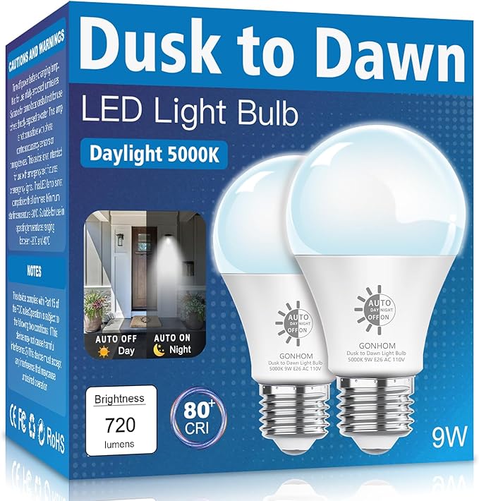 Gonhom 2 Pack Dusk to Dawn Light Bulbs Outdoor, 5000K-Daylight, 720LM, 9W(60W Equivalent) A19 E26 Automatic On/Off LED Light Bulbs, Dusk to Dawn LED Outdoor Lighting for Porch Garage Patio