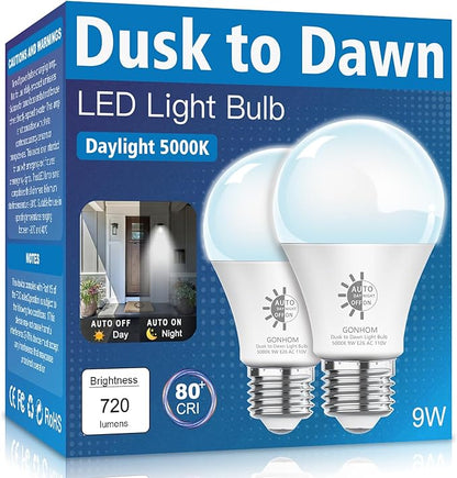 Gonhom 2 Pack Dusk to Dawn Light Bulbs Outdoor, 5000K-Daylight, 720LM, 9W(60W Equivalent) A19 E26 Automatic On/Off LED Light Bulbs, Dusk to Dawn LED Outdoor Lighting for Porch Garage Patio