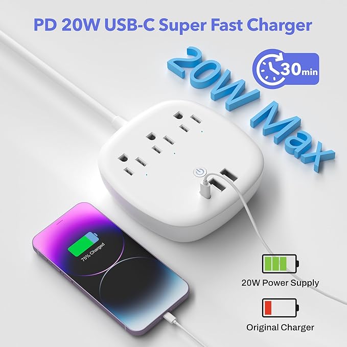 BN-LINK Remote Control Surge Protected Power Strip with 3 Individually Controlled Outlets, PD 20W Fast Charging USB-C, 3.9 FT Plug Extension Cord, 3 always-on USB Ports, Desk USB Charging Station, ETL