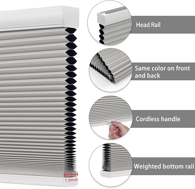 Changshade Custom Cellular Shades Blackout Blinds Cordless for Indoor Windows, Room Darkening Light Blocking Black Out Honeycomb Blinds for Living Room, Bedroom, Bathroom, Grey