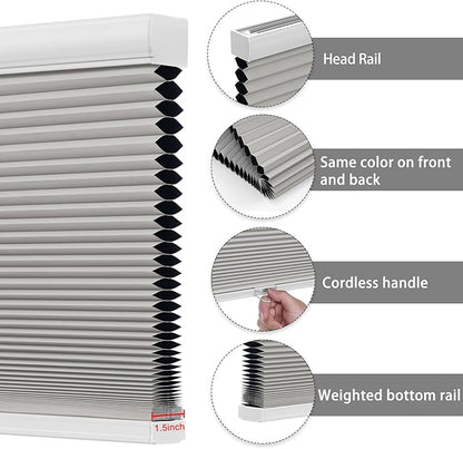 Changshade Custom Cellular Shades Blackout Blinds Cordless for Indoor Windows, Room Darkening Light Blocking Black Out Honeycomb Blinds for Living Room, Bedroom, Bathroom, Grey
