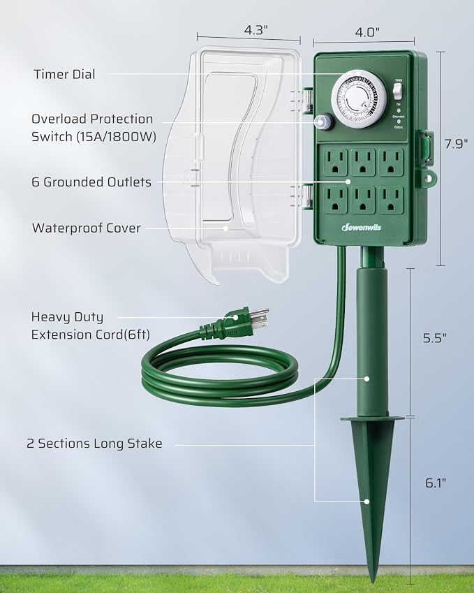 DEWENWILS Outdoor Power Stake Timer, 24-Hour Mechanical Timer, 6 Outlets | 1800W/15A Heavy Duty, 6ft Cord, Waterproof Cover, Overload Protection, Works for Yard, Garden, Patio Lights, ETL Listed
