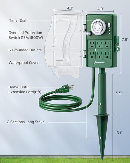DEWENWILS Outdoor Power Stake Timer, 24-Hour Mechanical Timer, 6 Outlets | 1800W/15A Heavy Duty, 6ft Cord, Waterproof Cover, Overload Protection, Works for Yard, Garden, Patio Lights, ETL Listed