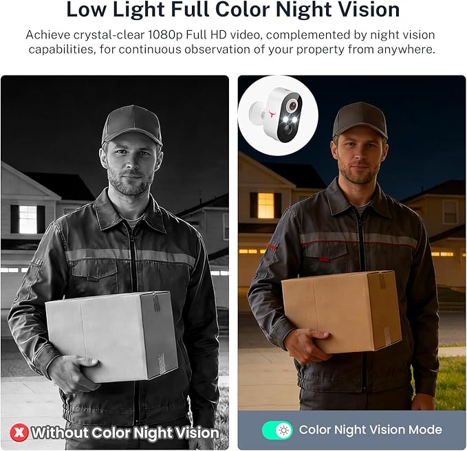 1080P Wireless Security Camera Outdoor, Battery Powered, AI Human Detection, Color Night Vision, 2-Way Audio, IP65 Waterproof, 2.4G Wi-Fi, Cloud Storage