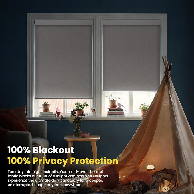 Motorized Blinds No Drill Automatic Blinds for Windows Cordless Roller Shades Electric Blinds with Remote Control Smart Blinds (Linen, 35 x 64)