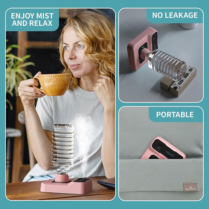 Travel Humidifier, Portable Small Humidifier for Plants, Bedroom, Office, Hotel or Car, Battery Operated Mini Cool Mist Humidifiers, Quiet 23dB, Auto-off, Night Light and BPA-Free, Pink