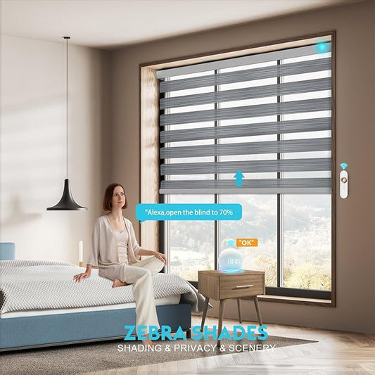 Motorized Zebra Blinds with Remote Smart Blind Work with Homekit Alexa SmartThings Electric Day and Night Shade Cordless Automatic Solar Powered Window Shade Customize(Wooden Texture Grey)