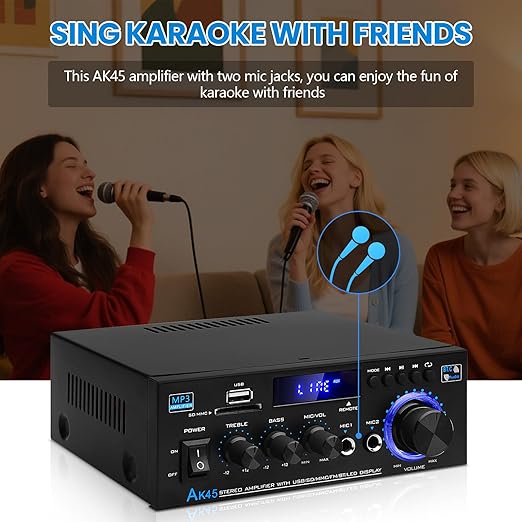 Bluetooth 5.0 Audio Amplifier Receivers-AK45 HiFi Stereo Mini Power Amplifier RMS 40W x 2 Max. 600W 2.0 Channel Home Theater Audio Components Speakers Amp W/MIC,USB, RCA,FM Radio
