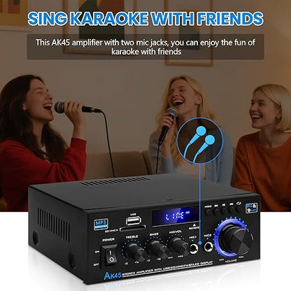 Bluetooth 5.0 Audio Amplifier Receivers-AK45 HiFi Stereo Mini Power Amplifier RMS 40W x 2 Max. 600W 2.0 Channel Home Theater Audio Components Speakers Amp W/MIC,USB, RCA,FM Radio