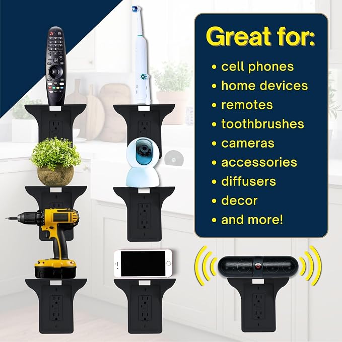 Power Perch Outlet Shelf Organizer for Alexa Echo Dot, HomePod Mini Speakers, Phone - Wall Outlet Holder with Cord Storage Strap - Socket Shelf Bathroom Kitchen Counter Charging Station - Black 2 Pack