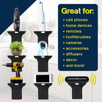 Power Perch Outlet Shelf Organizer for Alexa Echo Dot, HomePod Mini Speakers, Phone - Wall Outlet Holder with Cord Storage Strap - Socket Shelf Bathroom Kitchen Counter Charging Station - Black 2 Pack