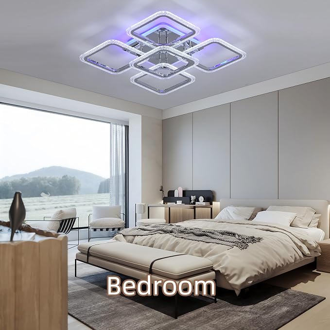 80W Dimmable LED Ceiling Light, 5-Square Flush Mount, Chrome | 4800LM Remote Control Ceiling Light Fixture, 3000K-6000K, 22in Modern Lighting for Living Room Bedroom Kitchen Dining Room