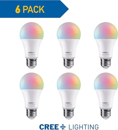 Cree Lighting Connected Max Smart Led Bulb A19 60W Tunable White + Color Changing, 2.4 Ghz, Compatible with Alexa and Google Home, No Hub Required, Bluetooth + WiFi, 6Pk