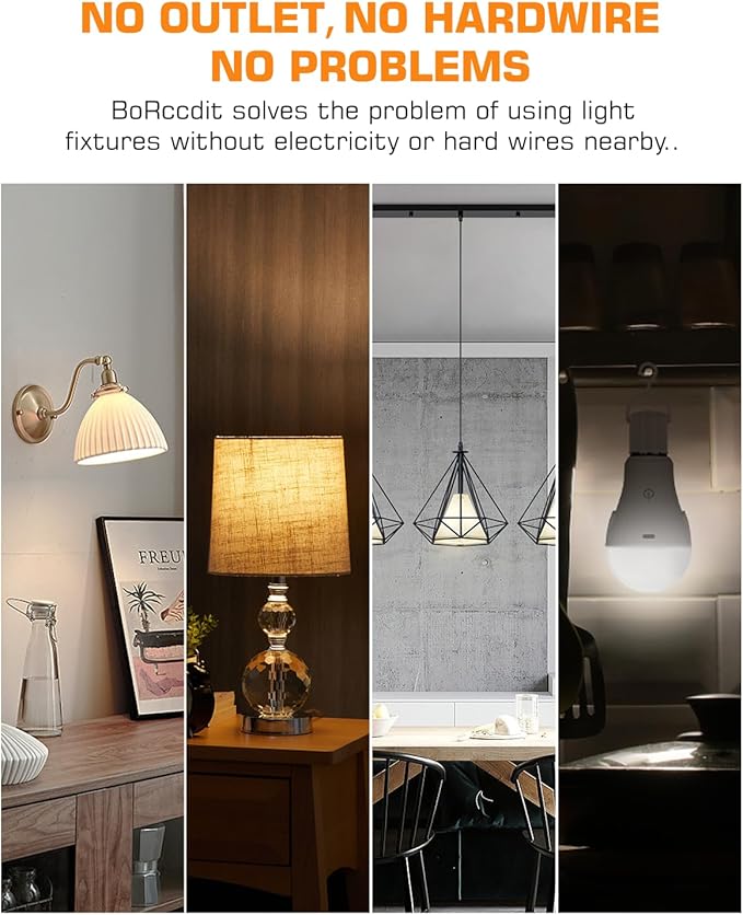 BoRccdit CordlessGlow 15W A19 Rechargeable Light Bulbs with Remote, 3 Color Temperatures + Dimmable Battery Operated Light Bulb, up to 24 Hours,6pk