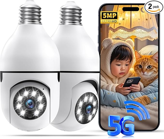 Light Bulb Security Cameras,5MP & 360° PTZ Light Bulb Camera Outdoor, 5G&2.4G Light Bulbs Camera,AI Motion Detection,Color Night Vision,2-Way Talk,Cloud/TF Storage,Compatible with Alexa