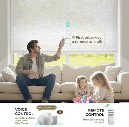 HeyBlinds Motorized Blinds with Remote, Smart Roller Shades with App & Voice Control, Work with Alexa Google HomeKit, Light Filtering Custom Shades for Living Room (Light Chaser-Perla Bianca LF)