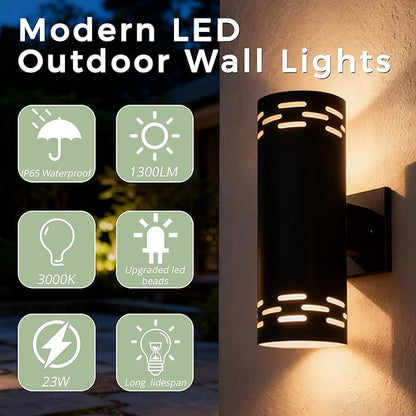 Dusk to Dawn Modern Outdoor Wall Lights, 12'' Up and Down LED Cylinder Exterior Lighting Fixtures, 23W 3000K IP65 Waterproof Wall Sconces for House, Garage, Patio, Porch, Black