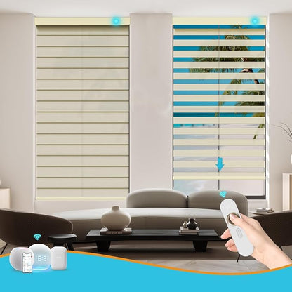 Motorized Zebra Blinds with Remote, Work with HomeKit Alexa, Smart Light Filtering Horizontal Automatic Electric Window Shades for Home Office Customsize（90% Blackout Beige）