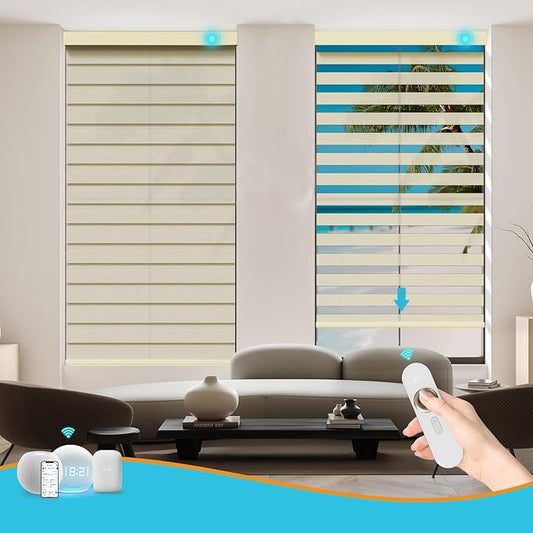 Motorized Zebra Blinds with Remote, Work with HomeKit Alexa, Smart Light Filtering Horizontal Automatic Electric Window Shades for Home Office Customsize（90% Blackout Beige）