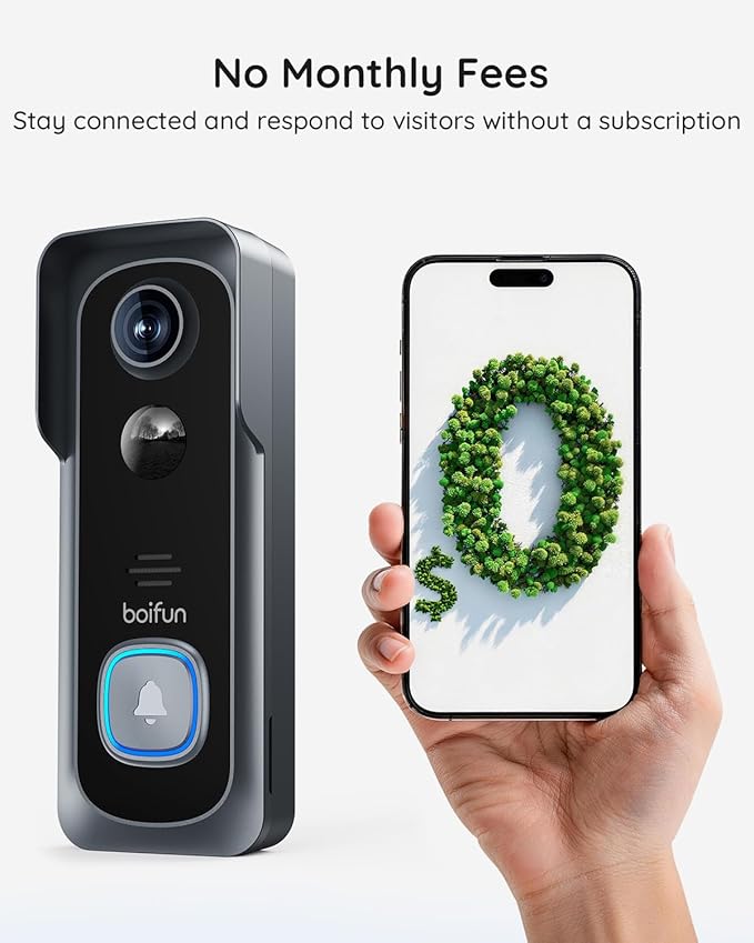 BOIFUN Video Doorbell Camera Wireless – No Subscription Required, 2K HD, 166° Wide View, HDR Night Vision, Motion Alerts, Two‑Way Audio & Battery Video Doorbell with Chime, 2.4 GHz Wi‑Fi Only
