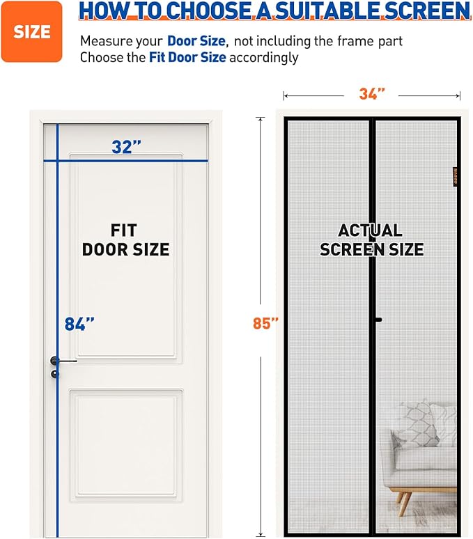 MAGZO Magnetic Screen Door Fit Door Size 32 x 84 Inch, Screen Size 34" x 85" Strong Magnets Mesh, Reinforced Fiberglass Net for Patio and Front Entrances, Gray