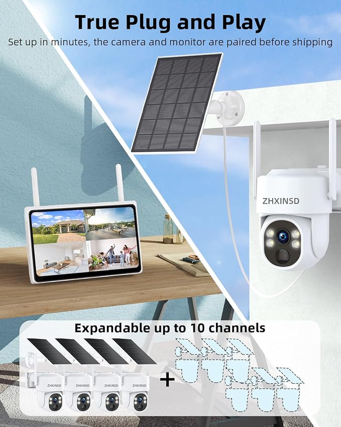 2.5K Outdoor Solar Wireless Security Camera System, 4-Camera Kit with 10" Monitor for Home Surveillance 360° View, 2.4/5GHz WiFi, Forever Power, 64GB Storage, No Subscription, No Monthly Fee