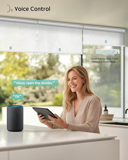 Yoolax Motorized Blinds with Remote, Flame Resistat mart Roller Shades Work with Alexa, Google, Apple Homekit, Custom Automatic Shades with Voice Control for Living Room (5% Openness Starry White)