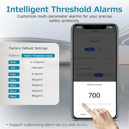 Air Quality Monitor CF-60PP WiFi PM2.5 PM10 TVOC Pollen AQI Tester for Indoor/Outdoor Air Pollution Detection TFT Color Display Rechargeable Custom Alarm CSV Report Download