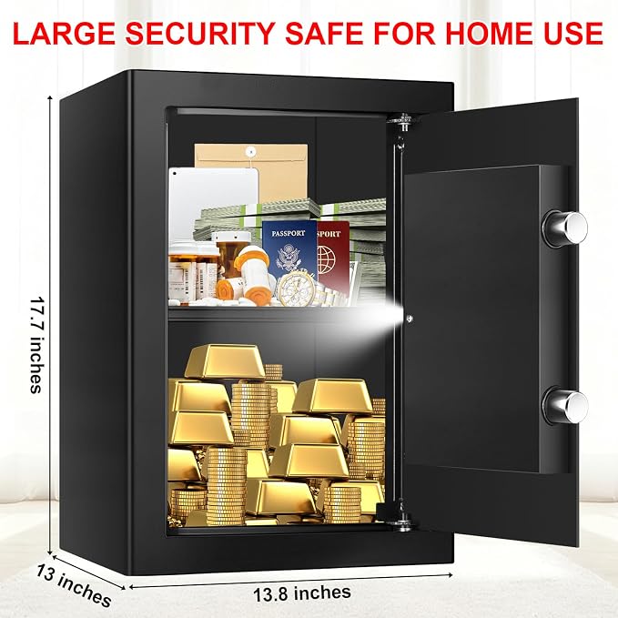 3.4 Cub Large Safes for Home Use, Digital Home Safe Box Fireproof Waterproof with Programmable Keypad, Spare Keys and Removable Shelf, Anti-Theft Fire Proof Safe for Document Money Valuables