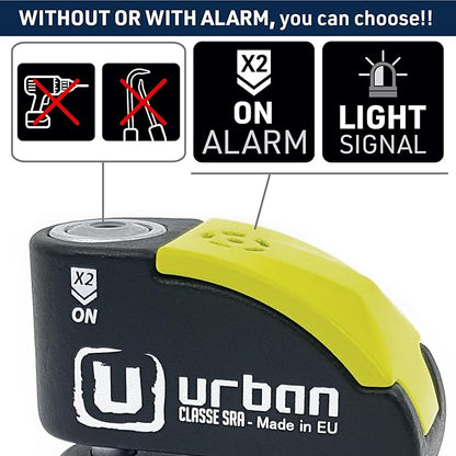 URBAN UR10 Approved Motorcycle Disc Lock with Smart Alarm | 120dB, LED, Warning, A+ Sensitivity, X2 ON | SRA & Sold Secure Gold Tested Anti-Theft for Motorbike | 10mm Double Locking, Hardened Steel