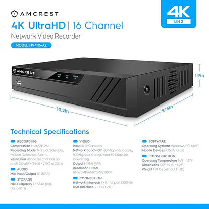 Amcrest 4K 16CH NVR (1080p/3MP/4MP/5MP/8MP) Network Video Recorder - Supports up to 16 x 8MP/4K IP Cameras, 16-Channel Supports up to 10TB HDD (Not Included) NV4116-A2