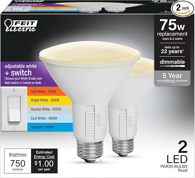 Feit Electric LED Reflector Light Bulb, Dimmable, Adjustable White 2700K–5000K, High CRI, Enhance Series, 25,000-Hour Lifetime, Indoor/Outdoor Use, 75-Watt LED