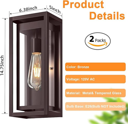 15" Large Oil Rubbed Bronze Outdoor Light Fixture, 2 Pack ORB Outdoor Sconces, Modern Waterproof Wall Lights with Clear Glass Shade for Front Door, Porch, Garage