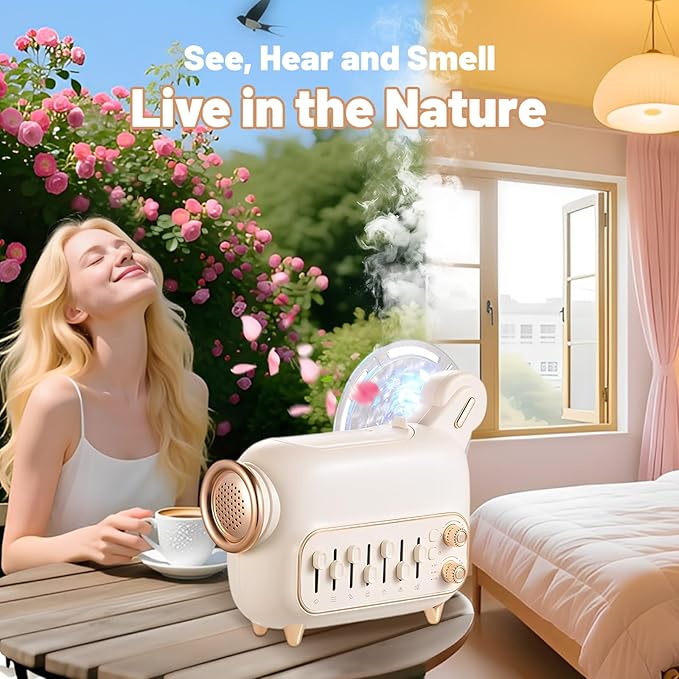 5-in-1 waterless Diffuser: Bluetooth Speaker, Humidifier, LED Night Light, White Noise & Nature Sounds. Auto Shut-Off. Aromatherapy Diffuser for Bedroom, Office, Yoga, Kids & Adults