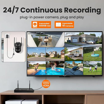 Dual-Lens 180+° FOV Home Wireless Outdoor Security Camera with AI Tracking, 6MP QHD 360° PTZ, WiFi 6 Dual Band, 24/7 Continuous Record (Add-on CAM to NVR, Also Works Standalone)